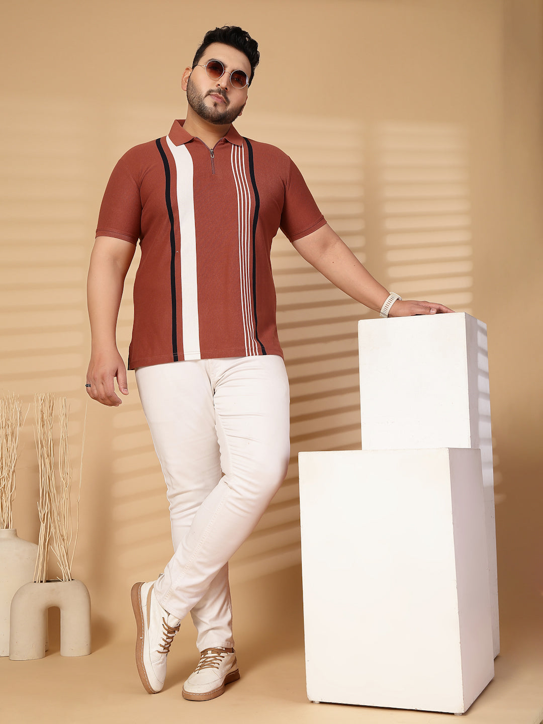 Plus Size Men Striped Polo Collar Cotton T-shirt
