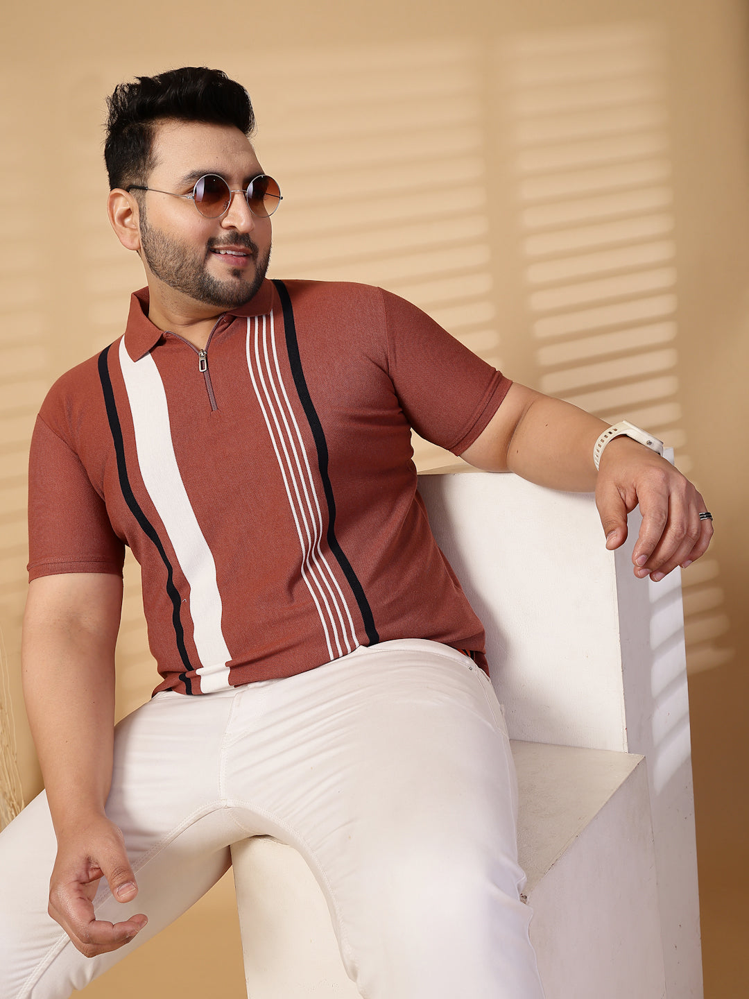 Plus Size Men Striped Polo Collar Cotton T-shirt