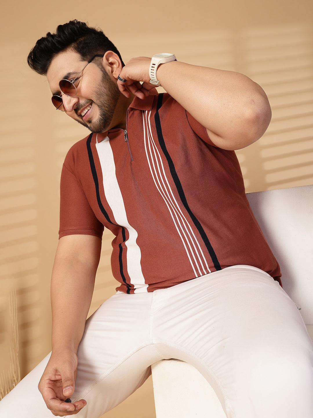 Plus Size Men Striped Polo Collar Cotton T-shirt