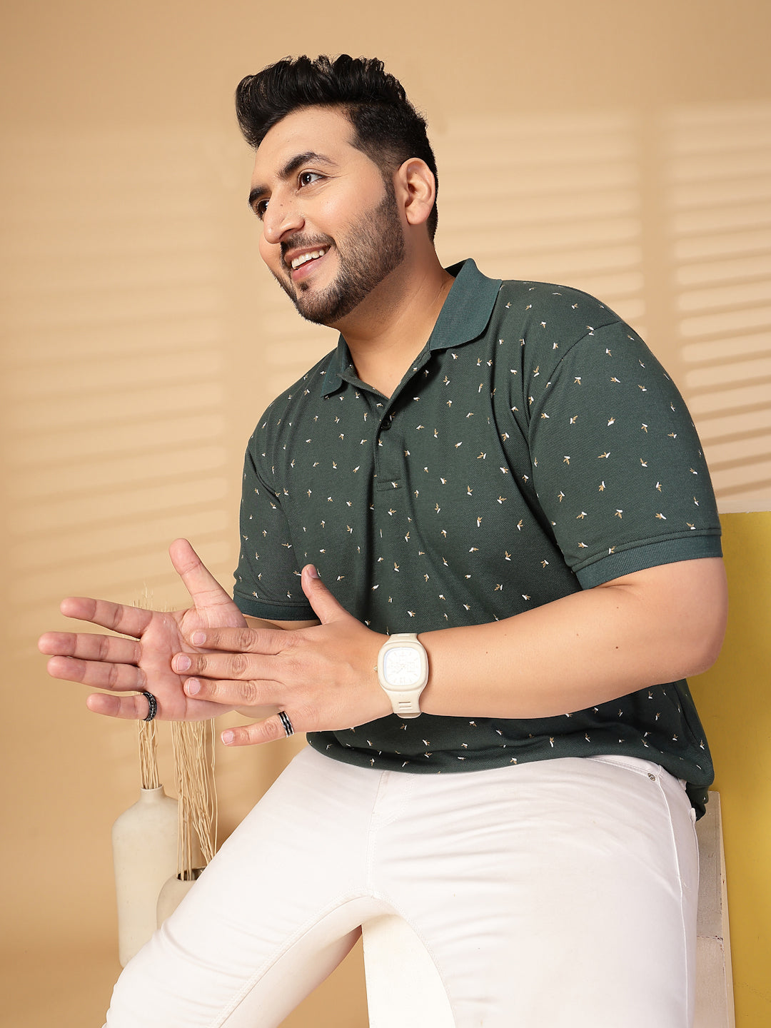 Plus Size Men Conversational Printed Polo Collar Cotton T-shirt