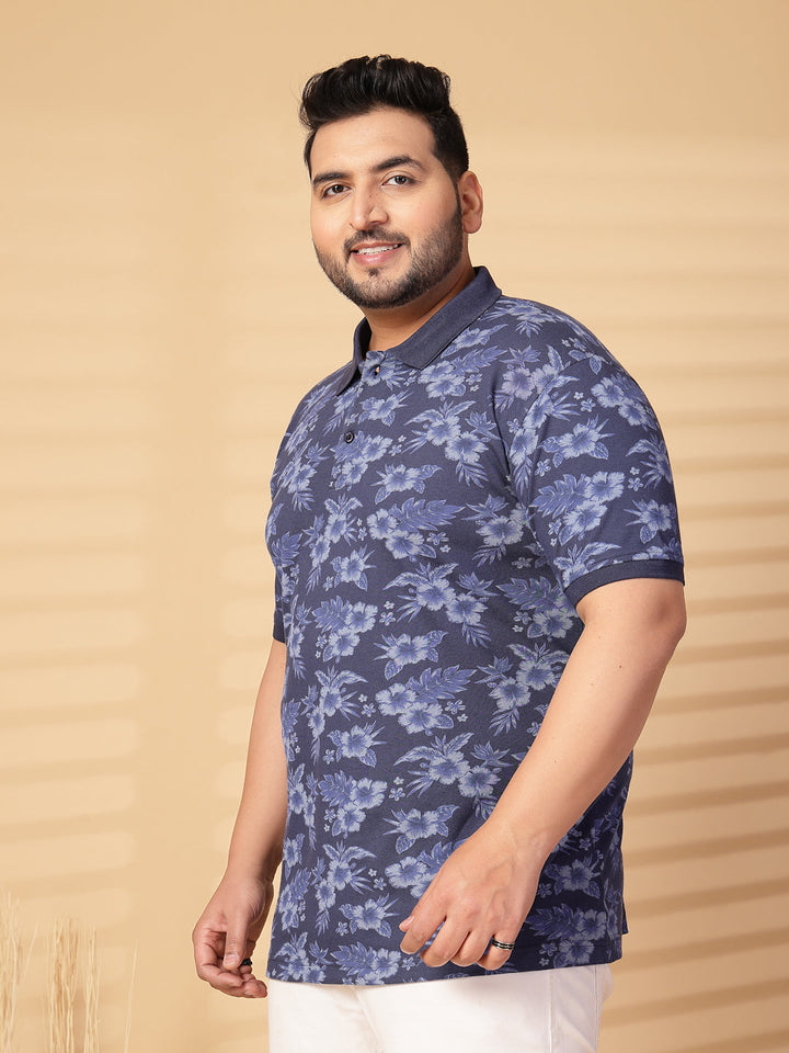 Plus Size Men Floral Printed Polo Collar T-shirt