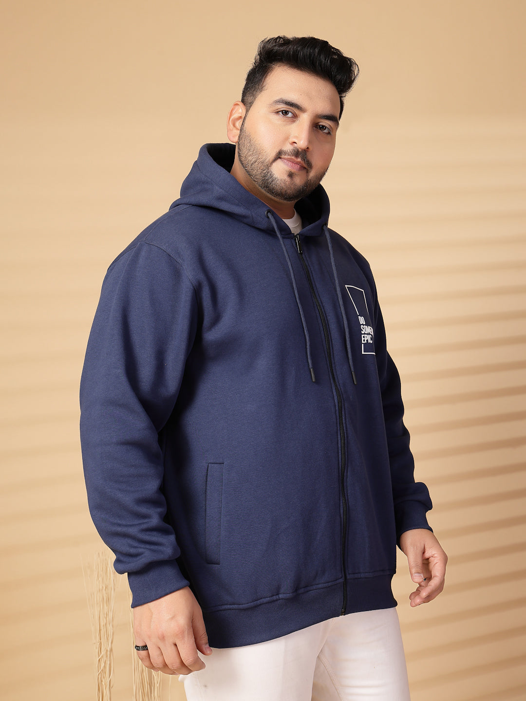 Plus Size Men Solid High Neck Cotton Front-Open Sweatshirt