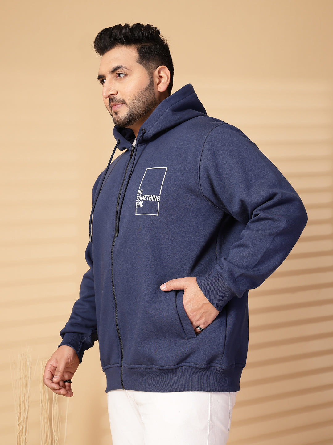 Plus Size Men Solid High Neck Cotton Front-Open Sweatshirt
