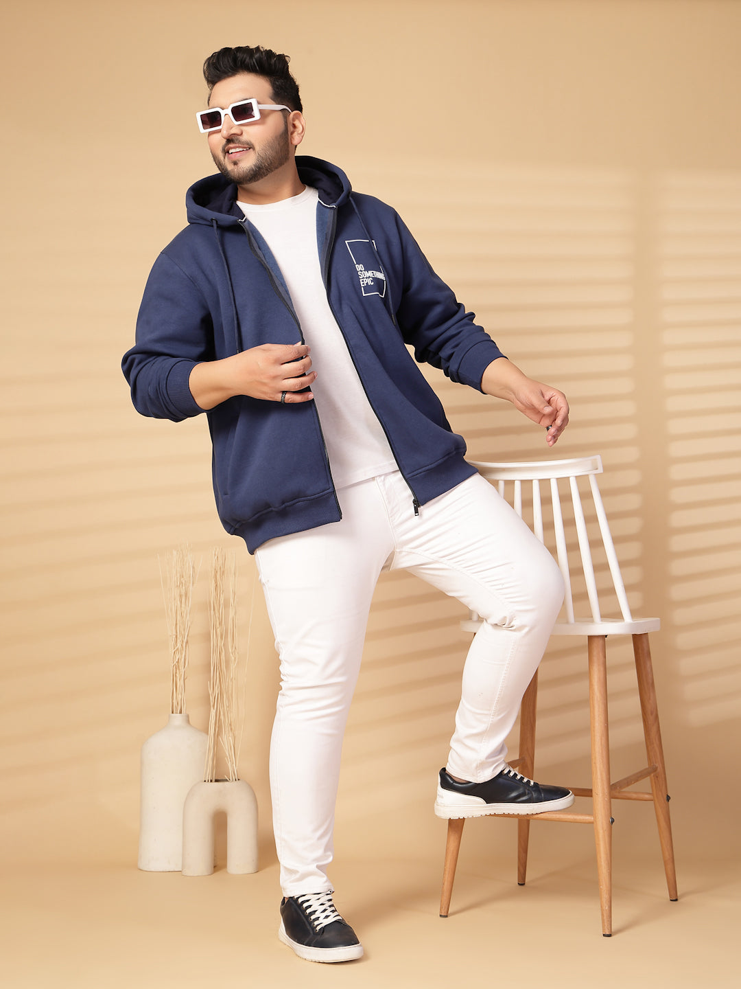 Plus Size Men Solid High Neck Cotton Front-Open Sweatshirt