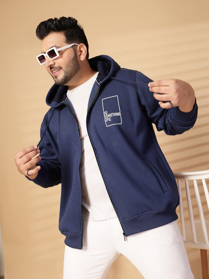 Plus Size Men Solid High Neck Cotton Front-Open Sweatshirt