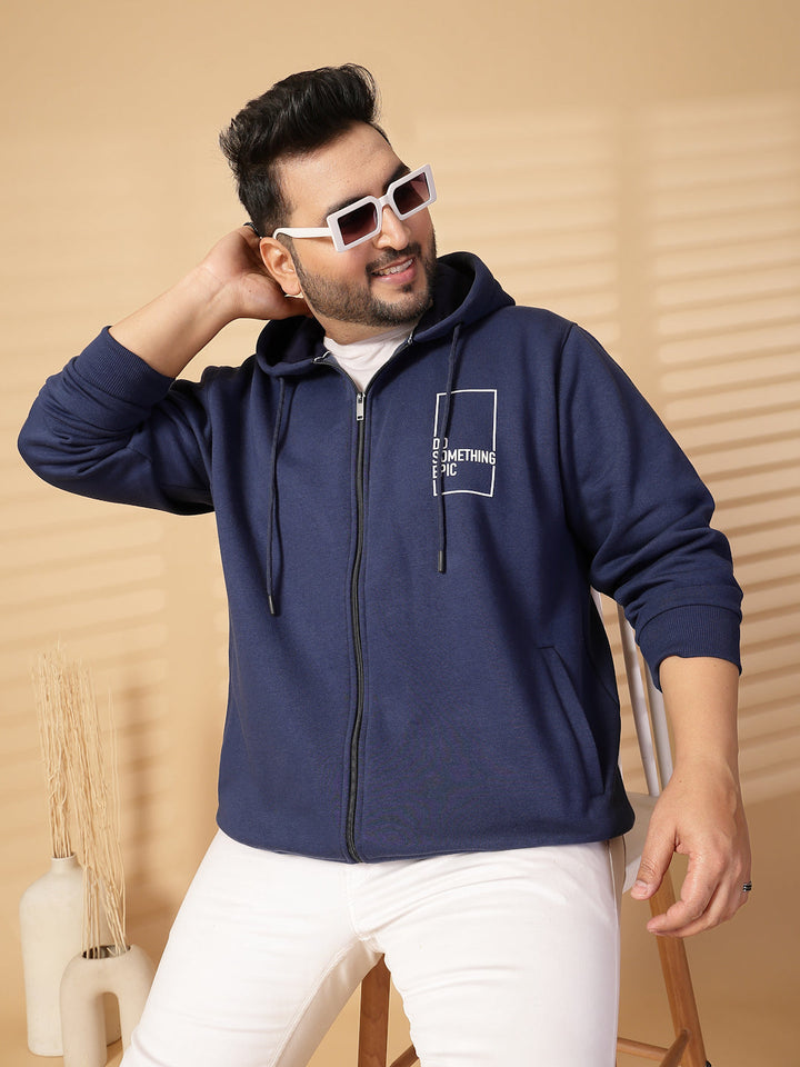 Plus Size Men Solid High Neck Cotton Front-Open Sweatshirt