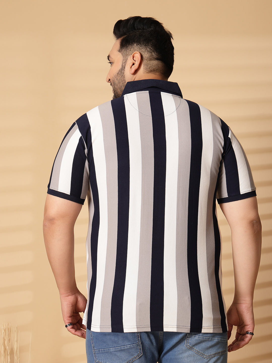 Plus Size Men Striped Polo Collar Cotton T-shirt