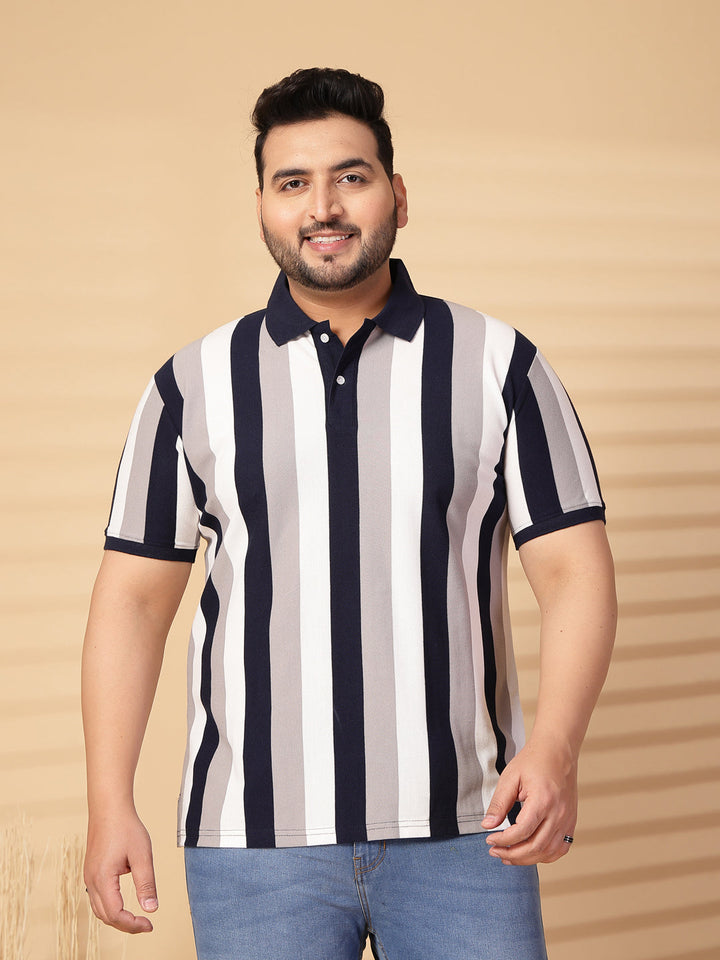Plus Size Men Striped Polo Collar Cotton T-shirt