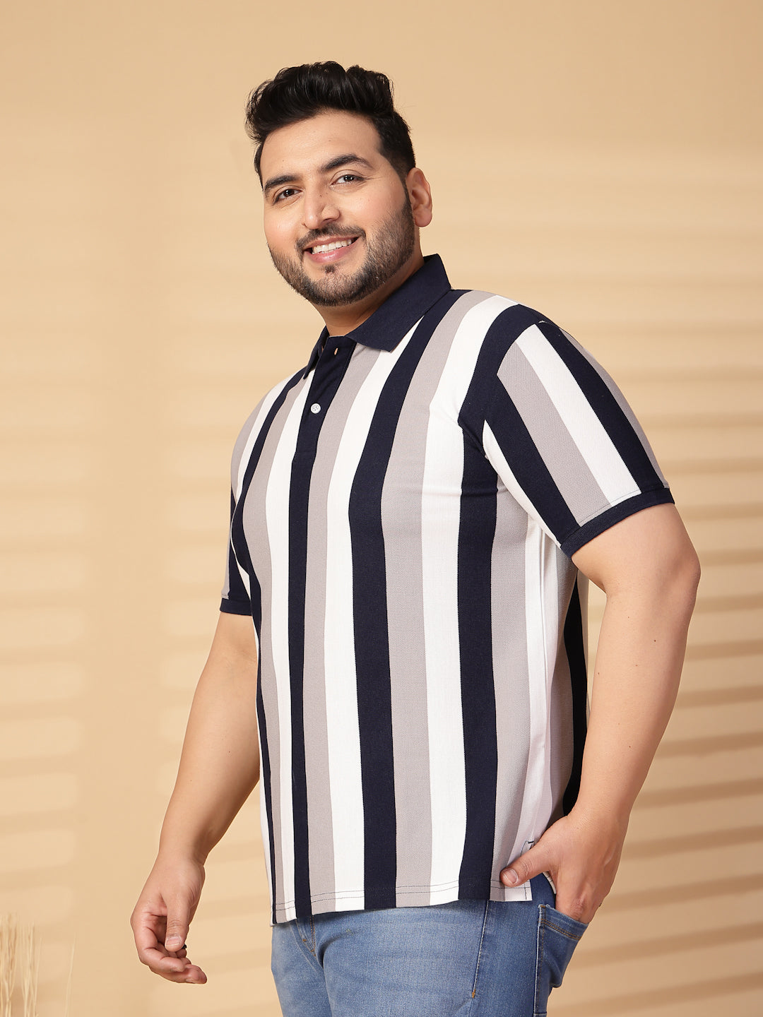 Plus Size Men Striped Polo Collar Cotton T-shirt