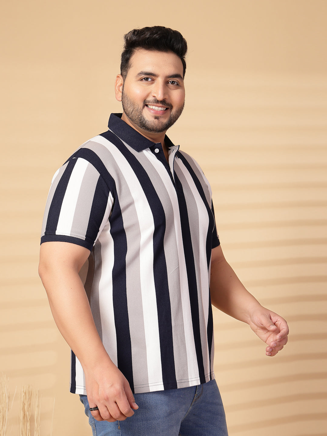 Plus Size Men Striped Polo Collar Cotton T-shirt