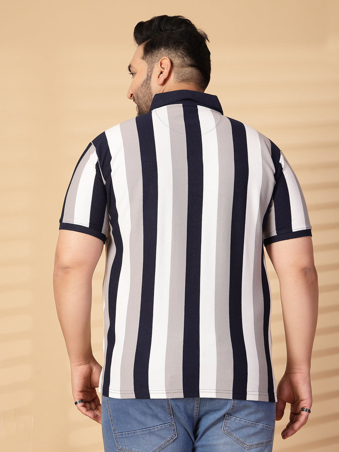 Plus Size Men Striped Polo Collar Cotton T-shirt