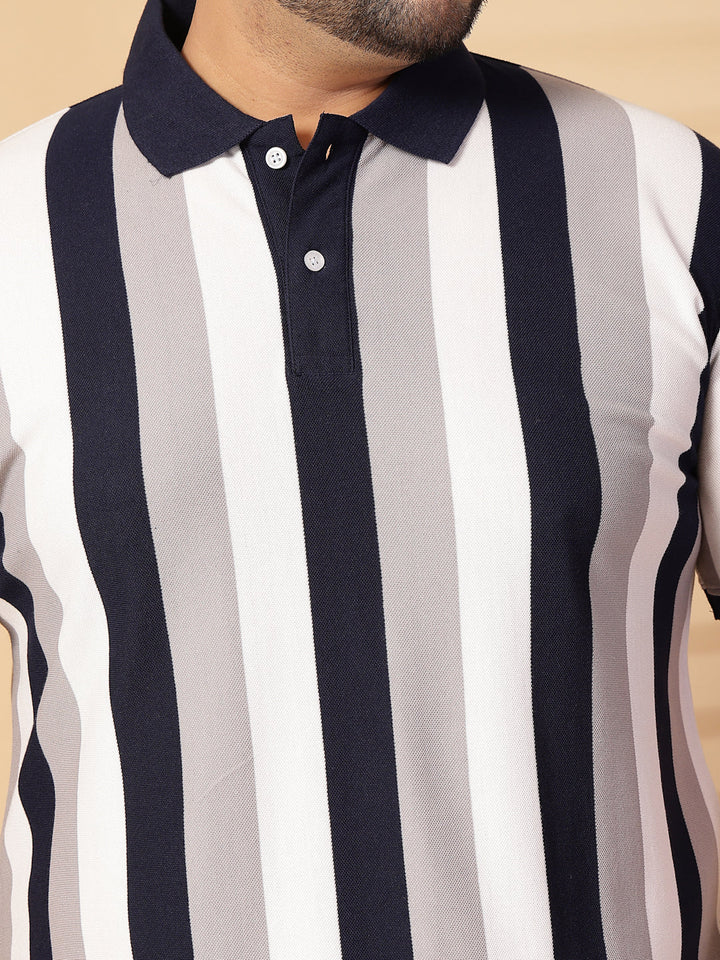 Plus Size Men Striped Polo Collar Cotton T-shirt