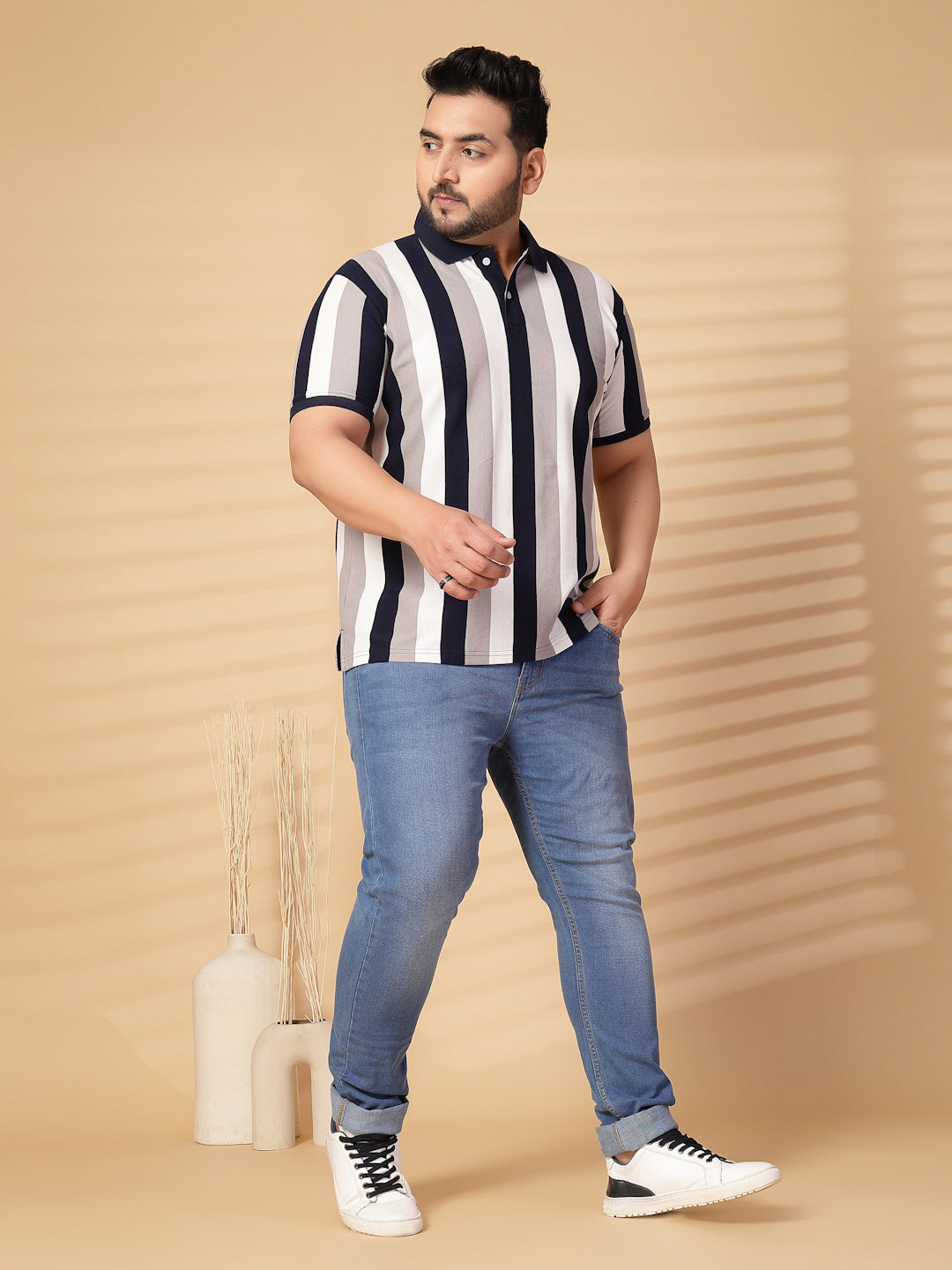 Plus Size Men Striped Polo Collar Cotton T-shirt
