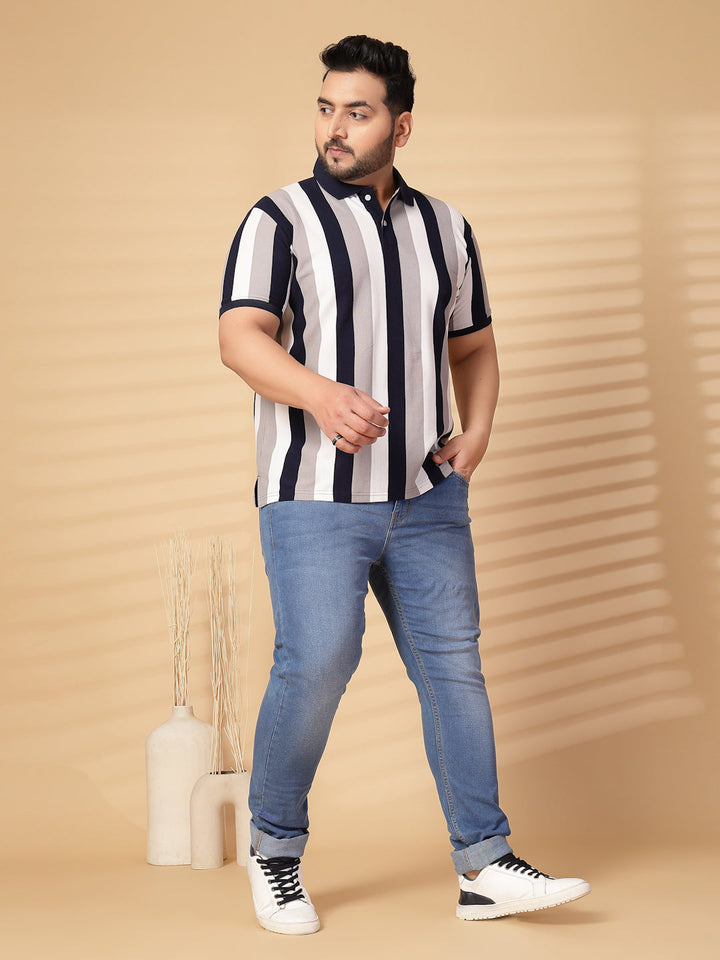 Plus Size Men Striped Polo Collar Cotton T-shirt