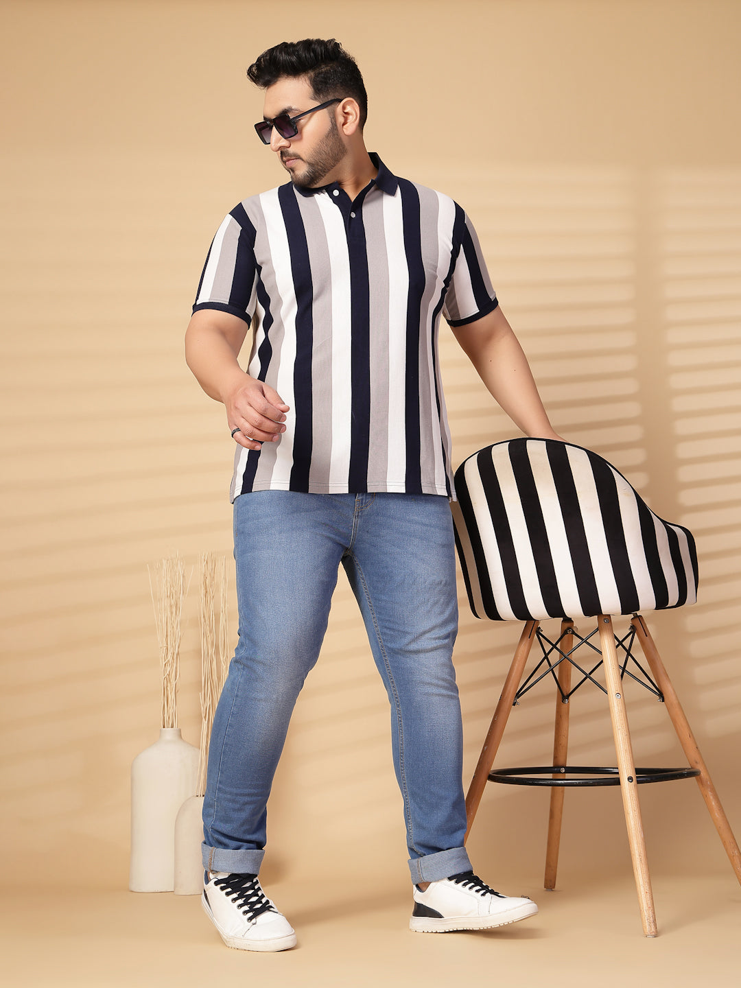 Plus Size Men Striped Polo Collar Cotton T-shirt