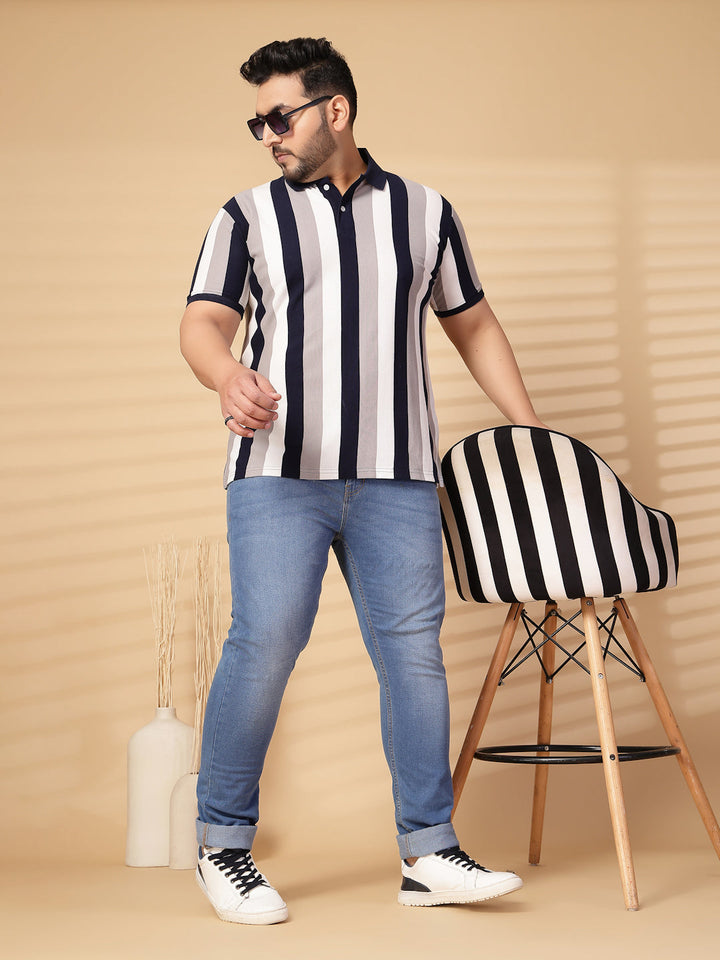 Plus Size Men Striped Polo Collar Cotton T-shirt