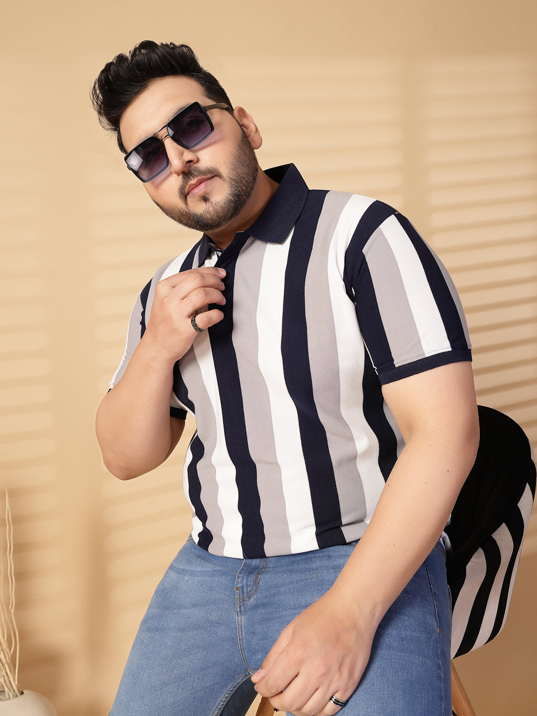 Plus Size Men Striped Polo Collar Cotton T-shirt