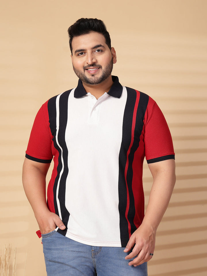 Plus Size Men  Striped Polo Collar Cotton T-shirt
