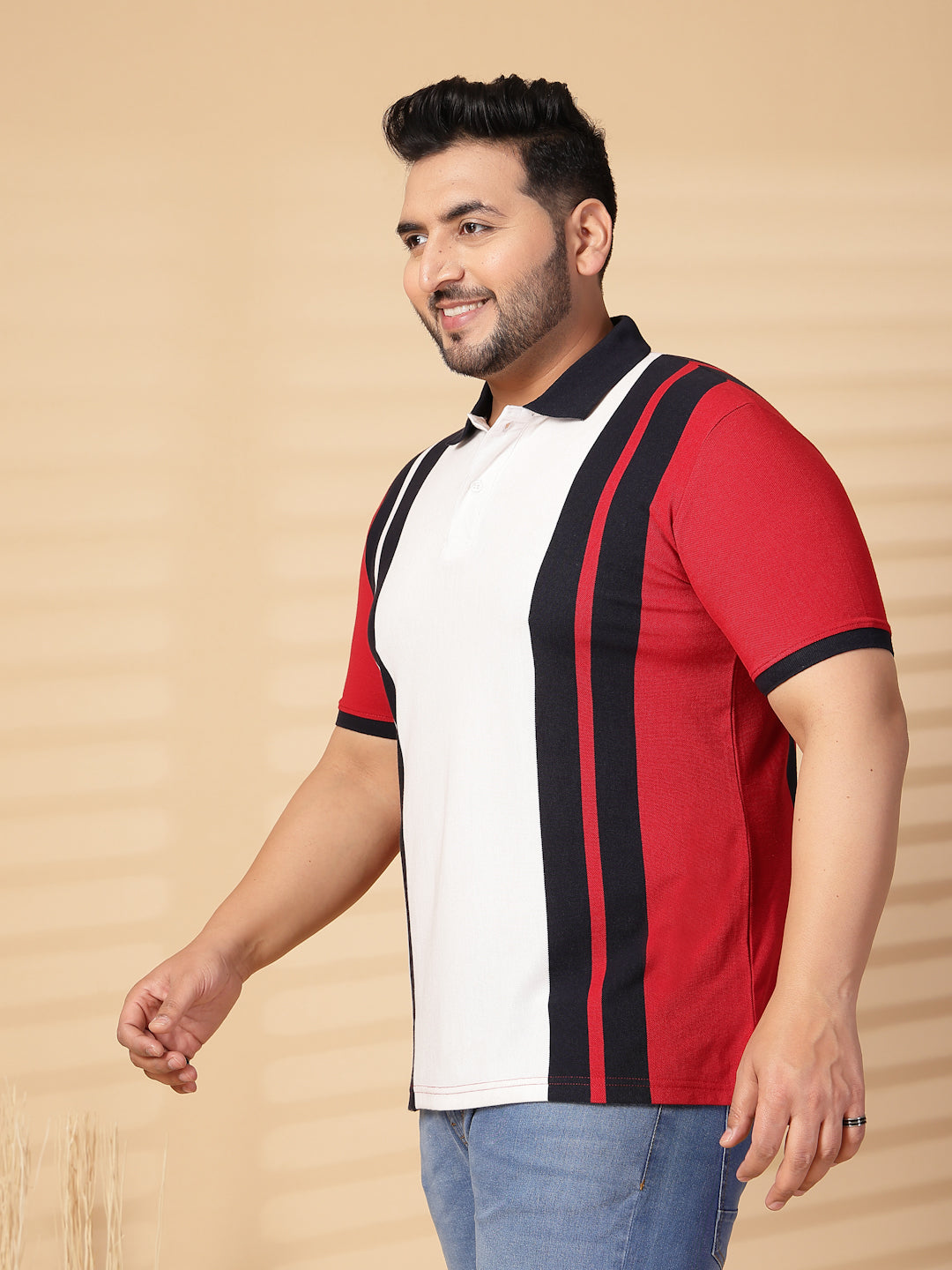 Plus Size Men  Striped Polo Collar Cotton T-shirt