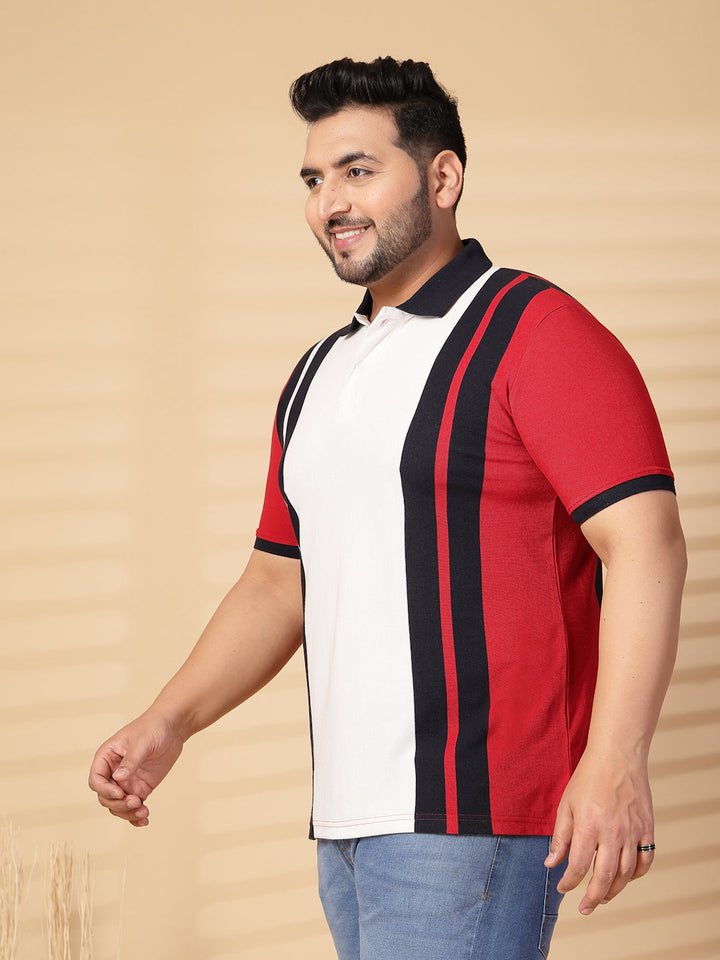 Plus Size Men  Striped Polo Collar Cotton T-shirt