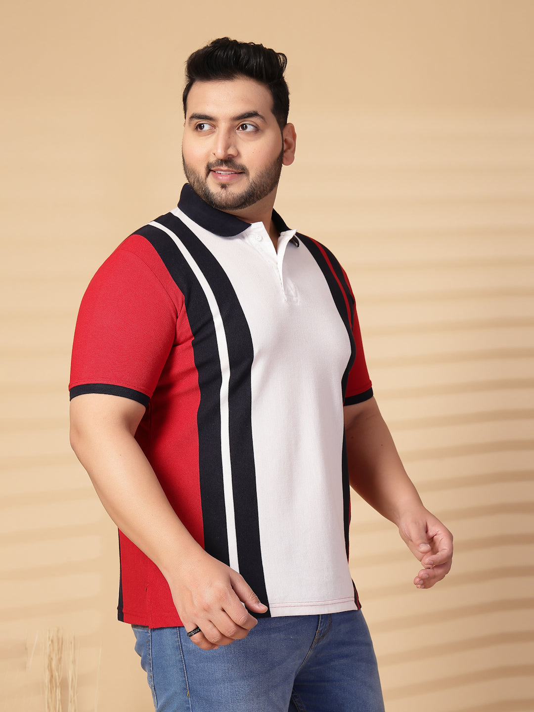 Plus Size Men  Striped Polo Collar Cotton T-shirt