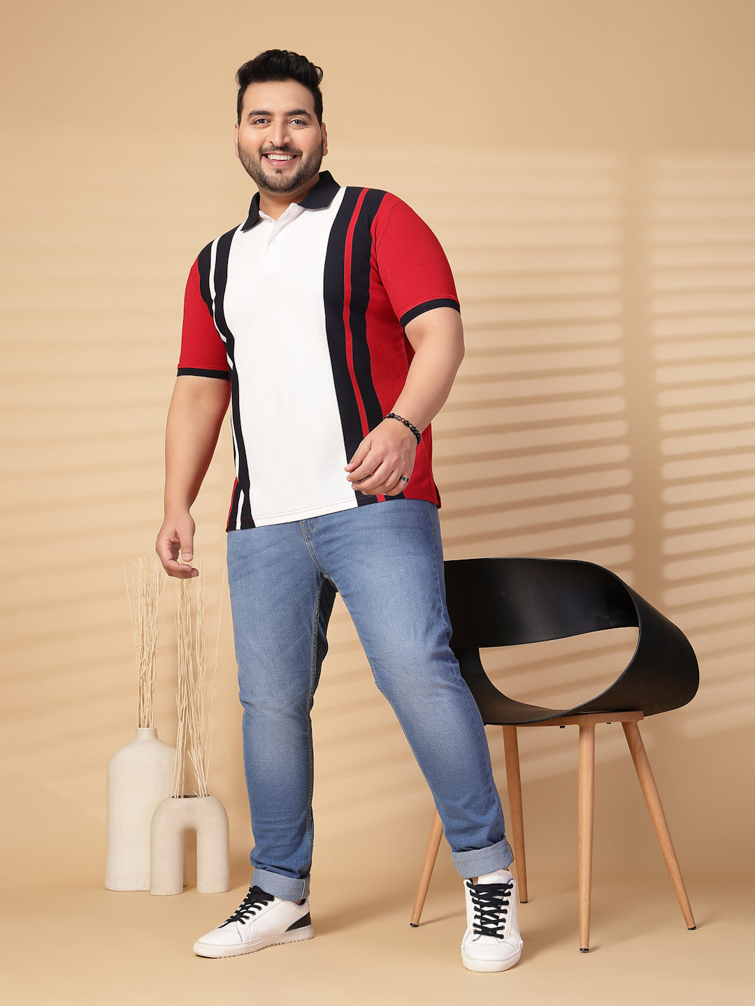 Plus Size Men  Striped Polo Collar Cotton T-shirt