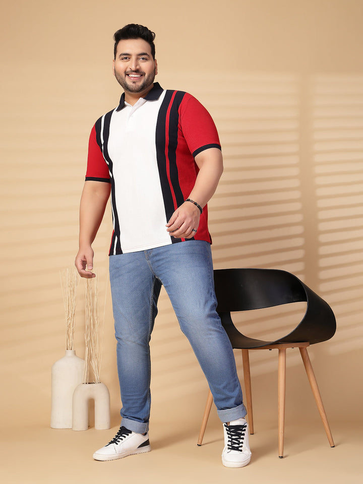 Plus Size Men  Striped Polo Collar Cotton T-shirt