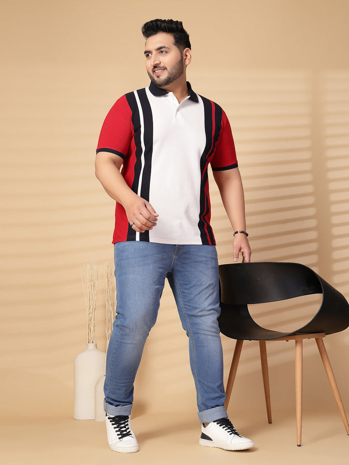 Plus Size Men  Striped Polo Collar Cotton T-shirt