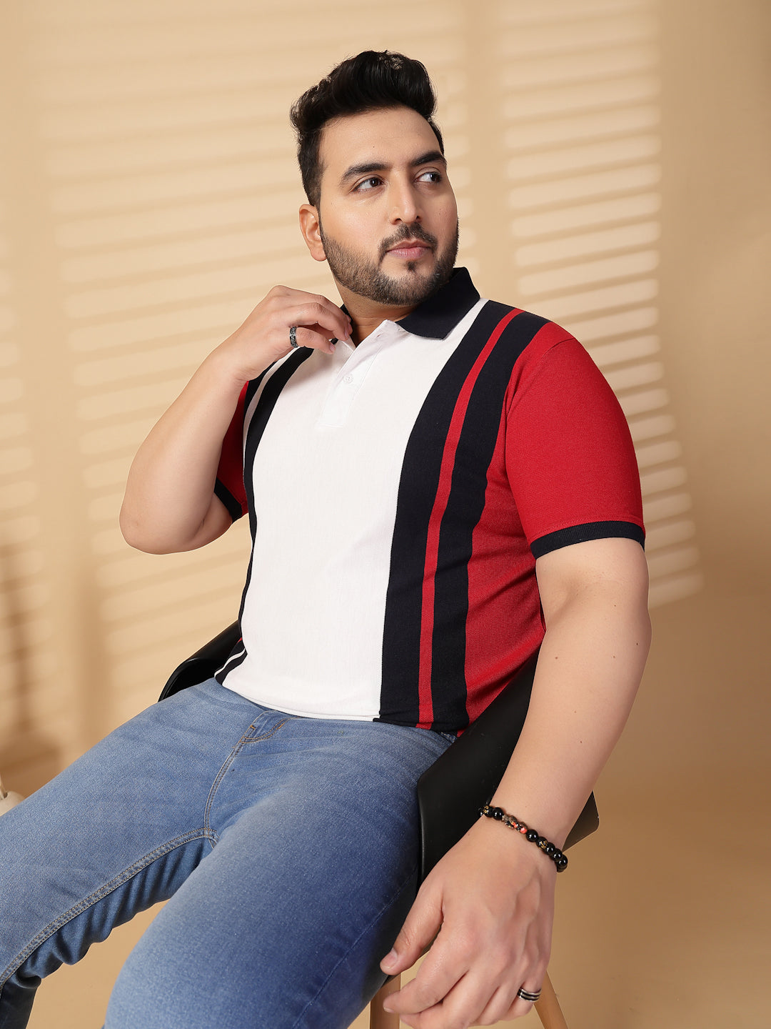 Plus Size Men  Striped Polo Collar Cotton T-shirt