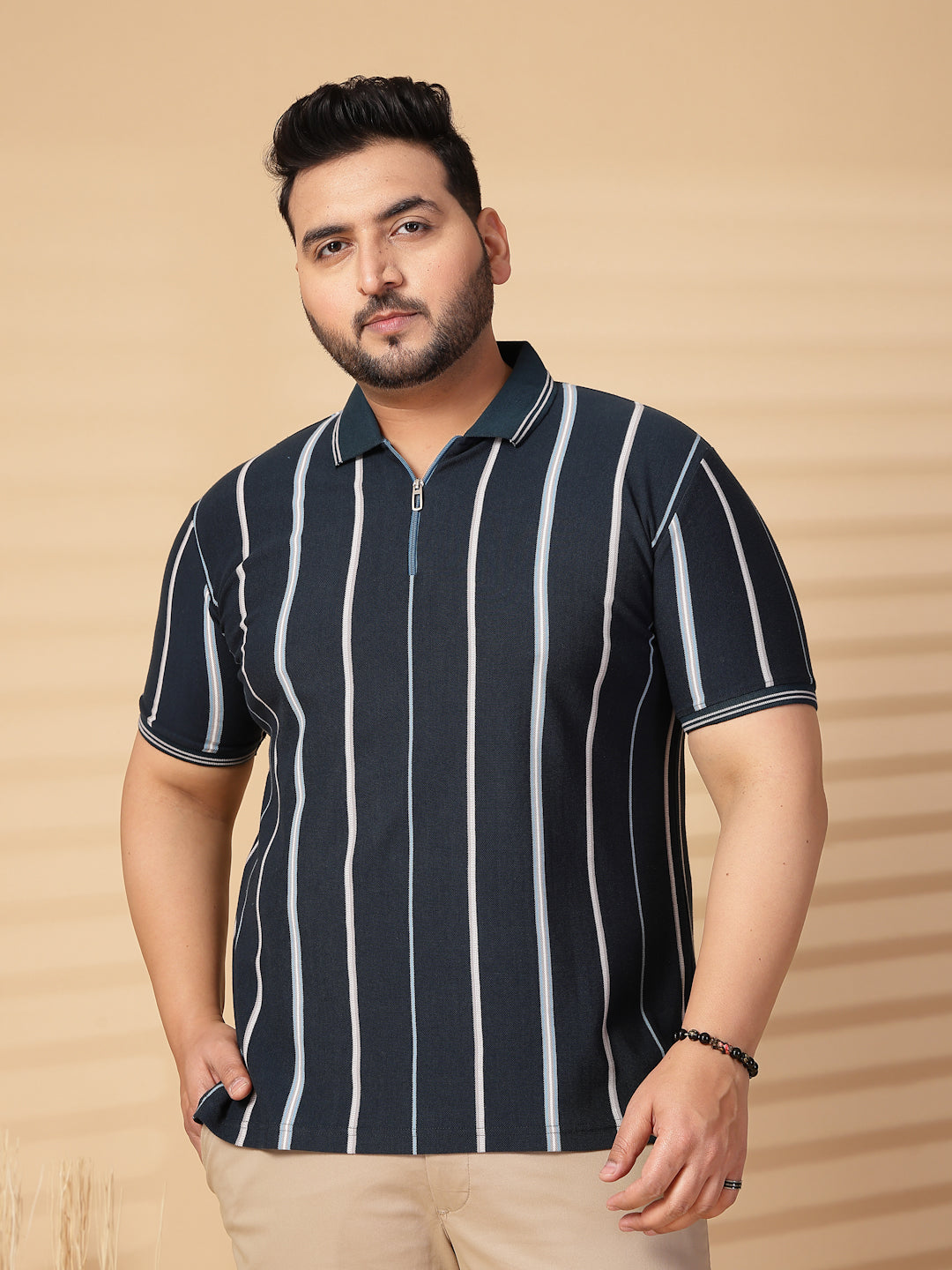 Plus Size Men Striped Polo Collar Cotton T-shirt