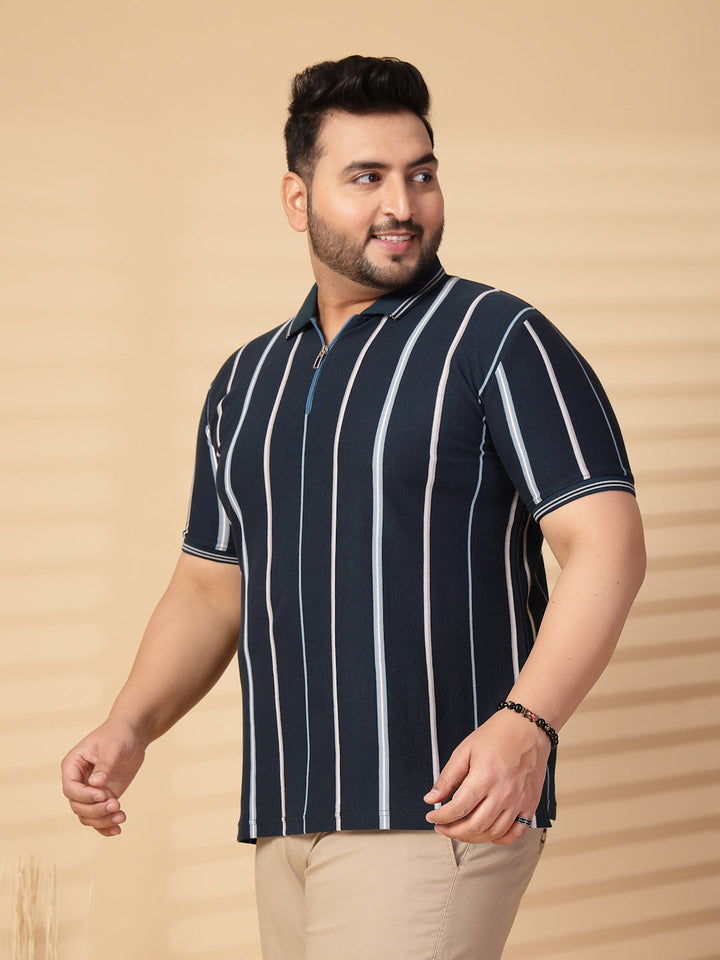 Plus Size Men Striped Polo Collar Cotton T-shirt