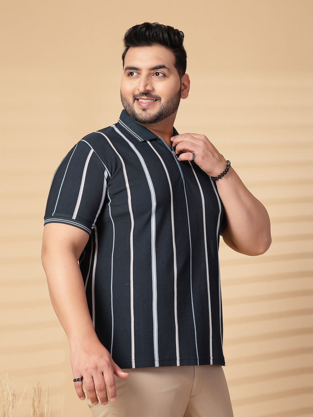Plus Size Men Striped Polo Collar Cotton T-shirt