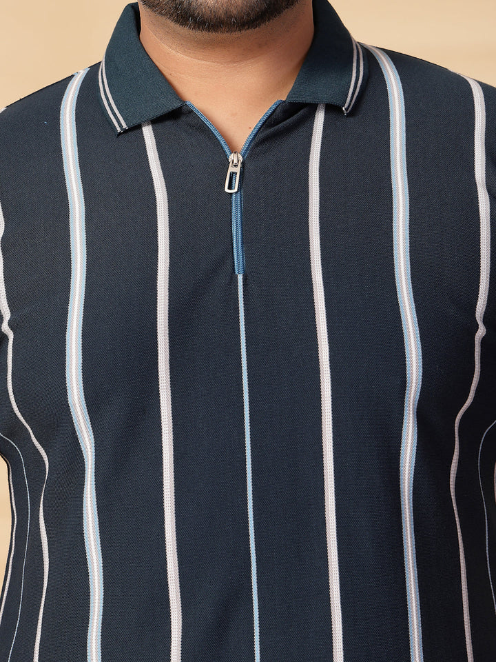 Plus Size Men Striped Polo Collar Cotton T-shirt