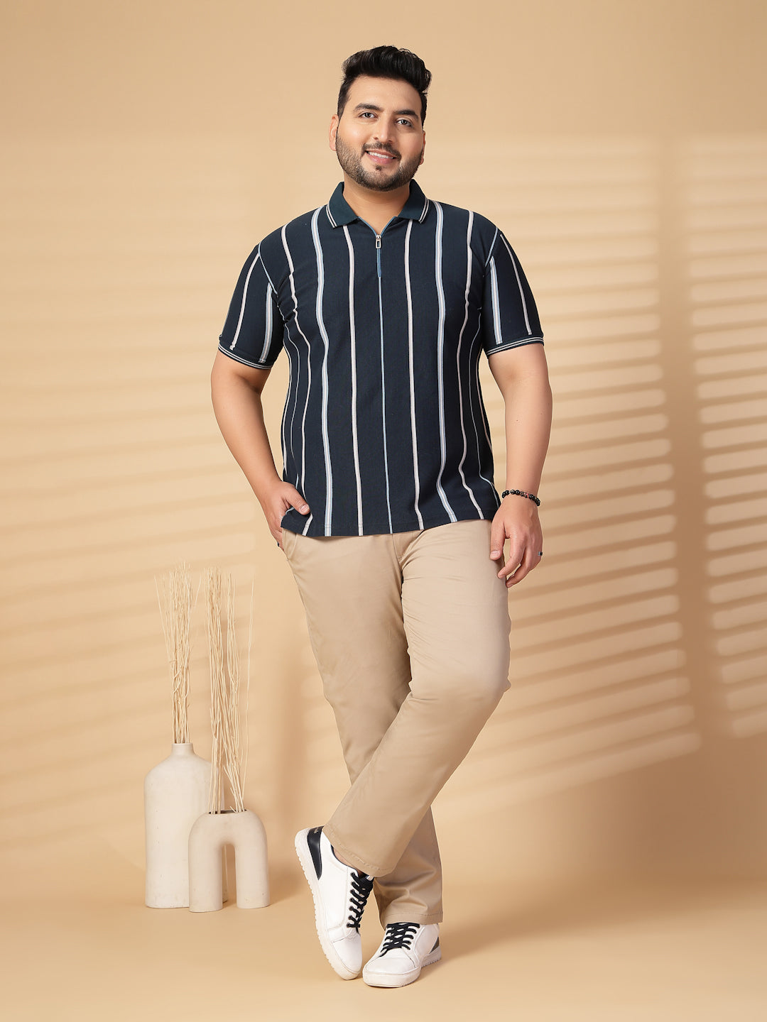Plus Size Men Striped Polo Collar Cotton T-shirt
