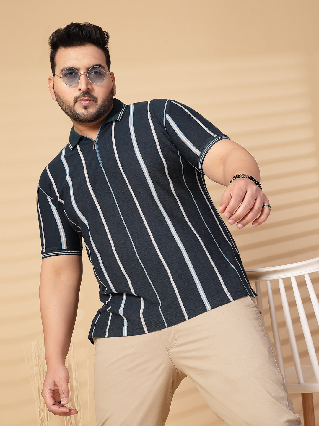 Plus Size Men Striped Polo Collar Cotton T-shirt