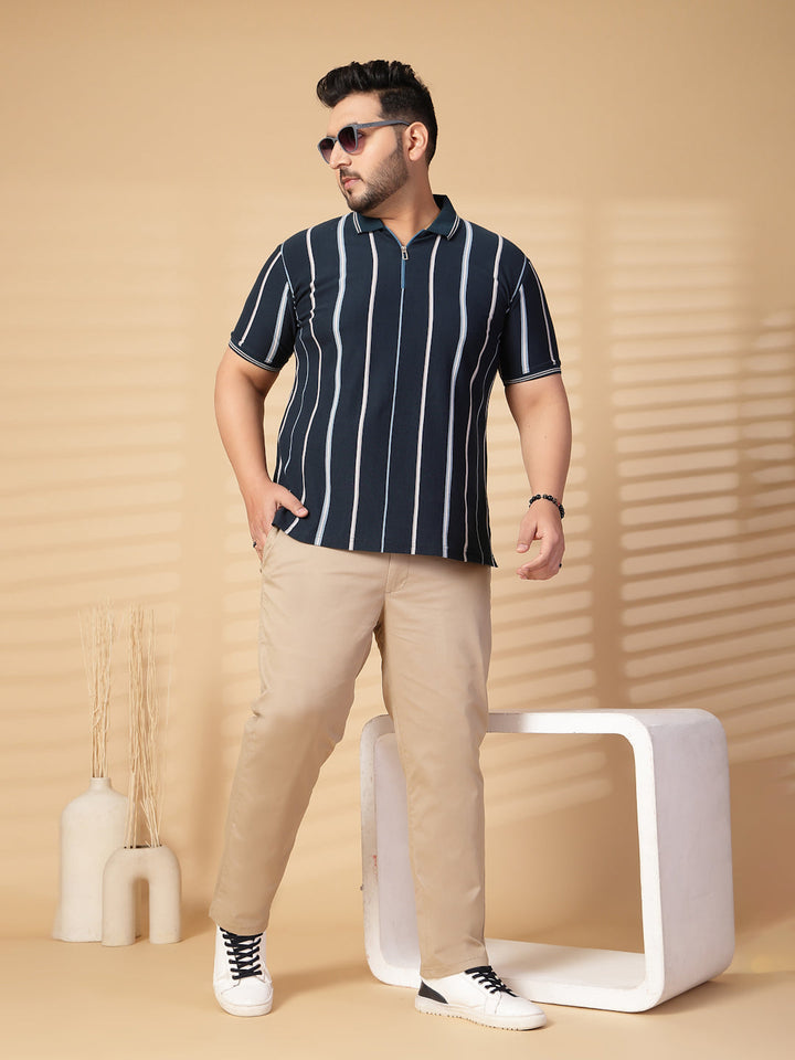 Plus Size Men Striped Polo Collar Cotton T-shirt