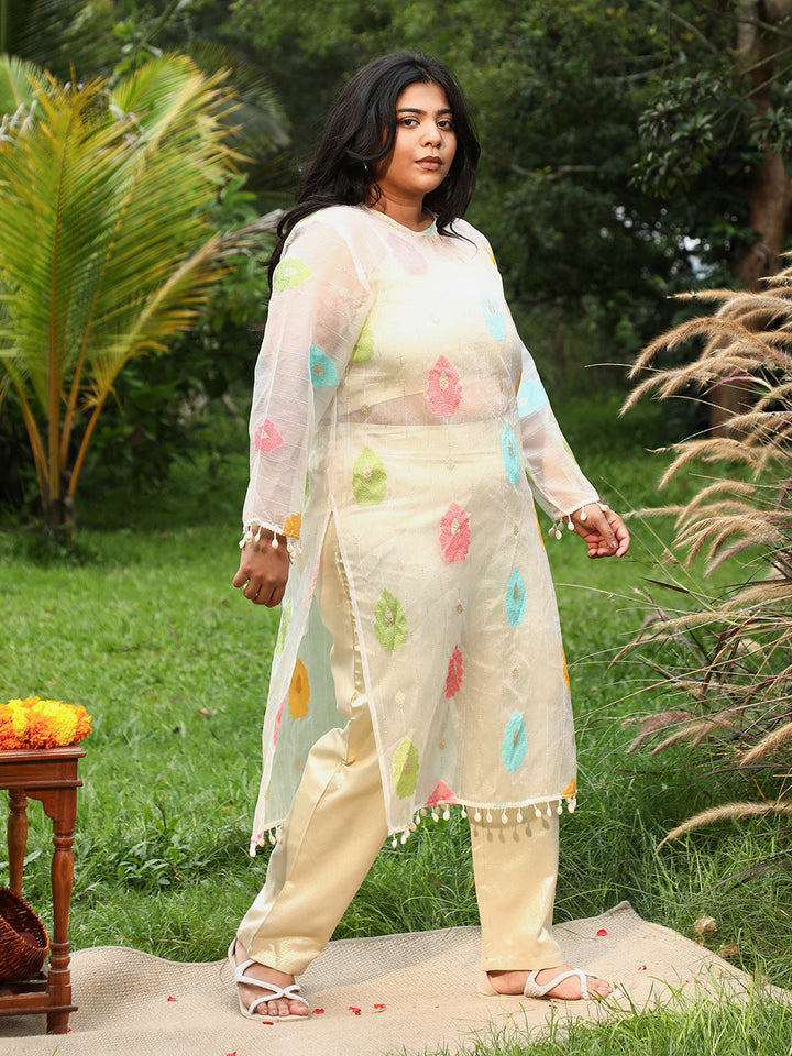 Floral Motif Kurta With Crop Top And Trousers