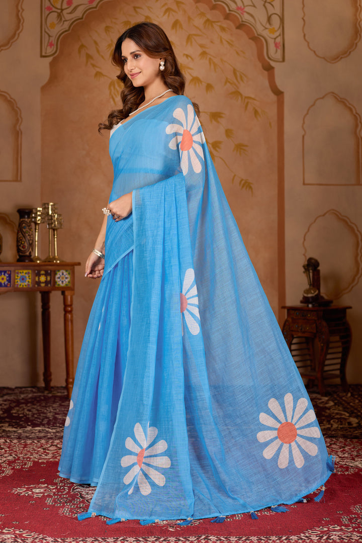Gulbahar cotton linen digital print Light Sky Blue saree with heavy tassels