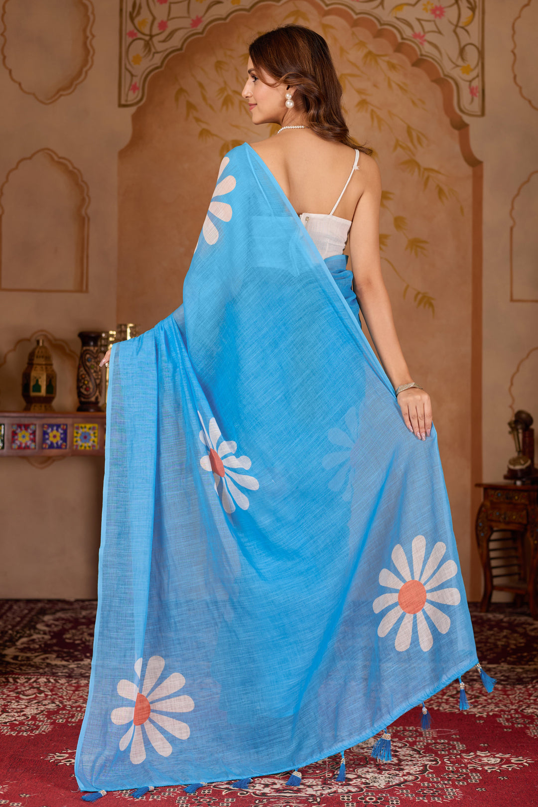 Gulbahar cotton linen digital print Light Sky Blue saree with heavy tassels