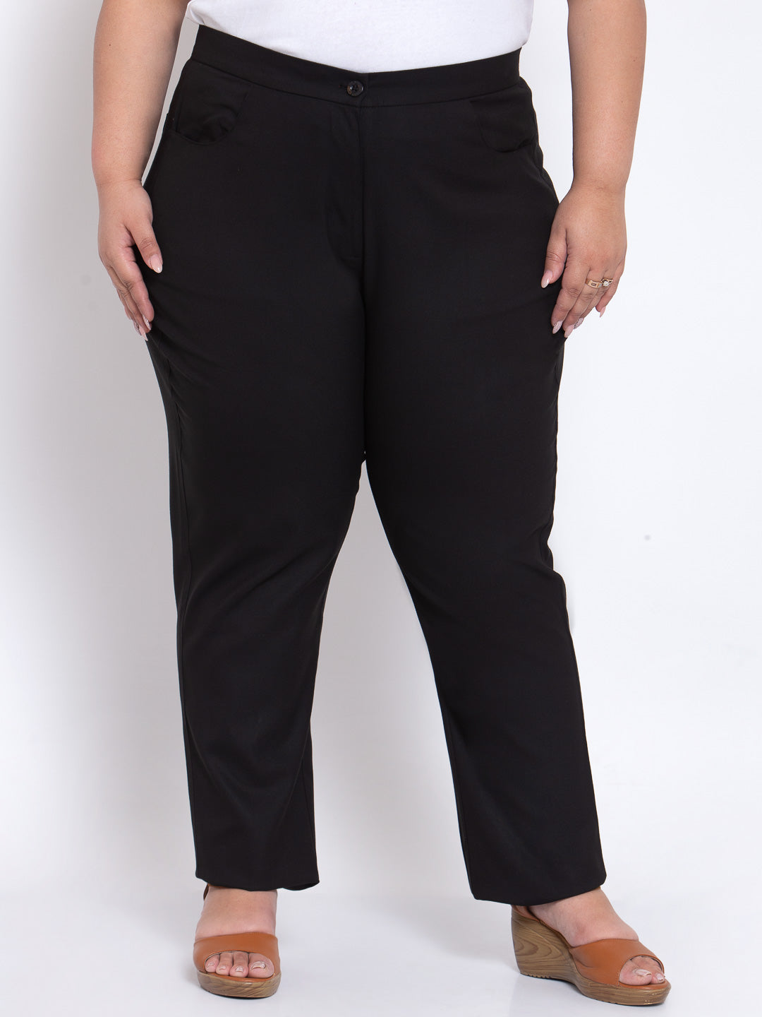 Plus Size Women Black Regular Fit Solid Cotton Formal Trousers