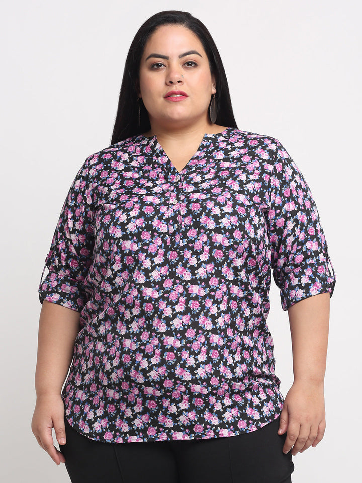 Plus Size Black  Purple Floral Print Mandarin Collar Roll-Up Sleeves Top
