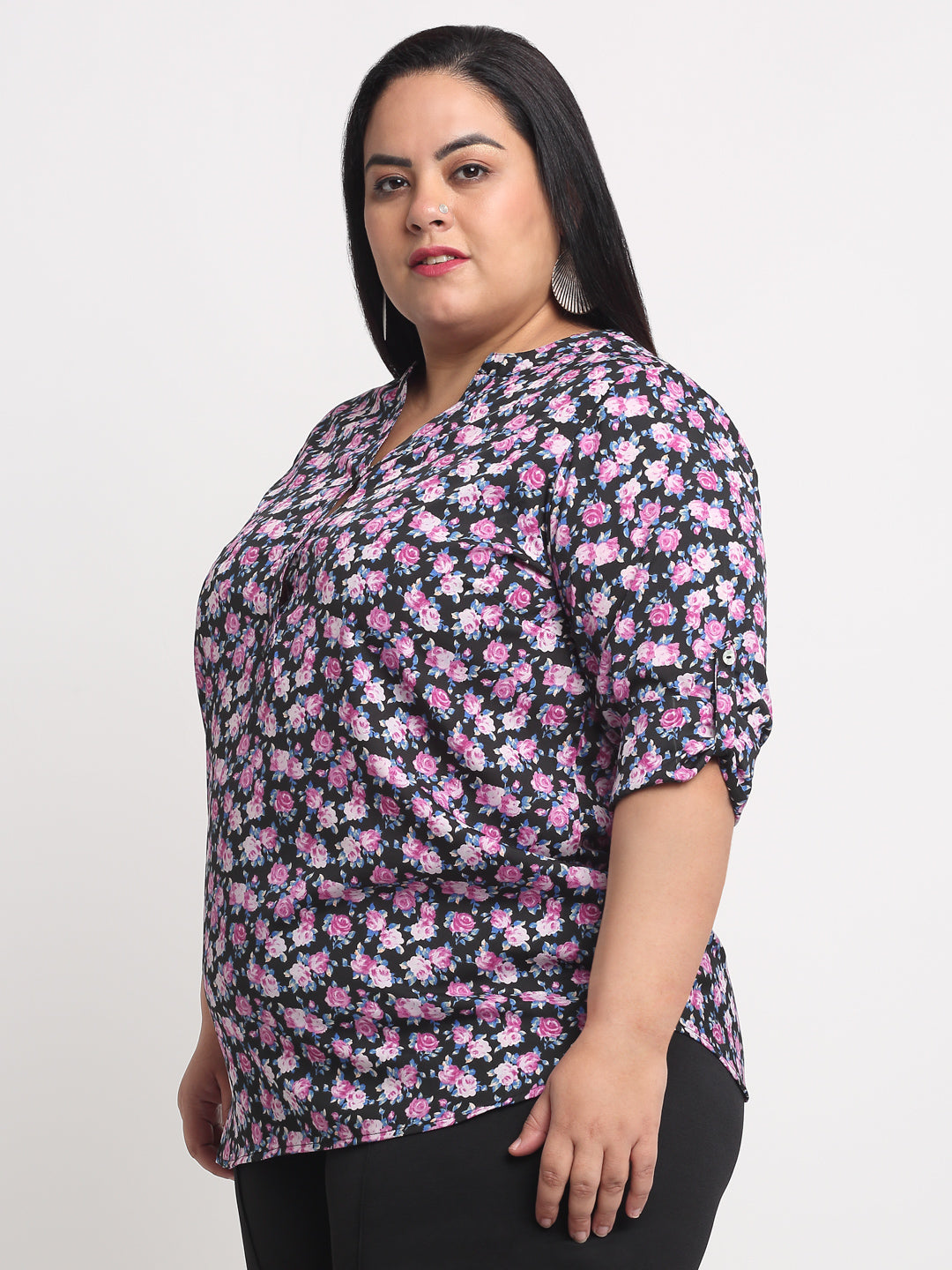 Plus Size Black  Purple Floral Print Mandarin Collar Roll-Up Sleeves Top