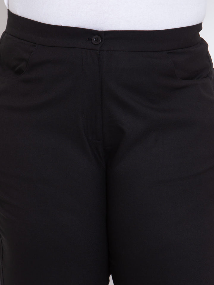 Plus Size Women Black Regular Fit Solid Cotton Formal Trousers