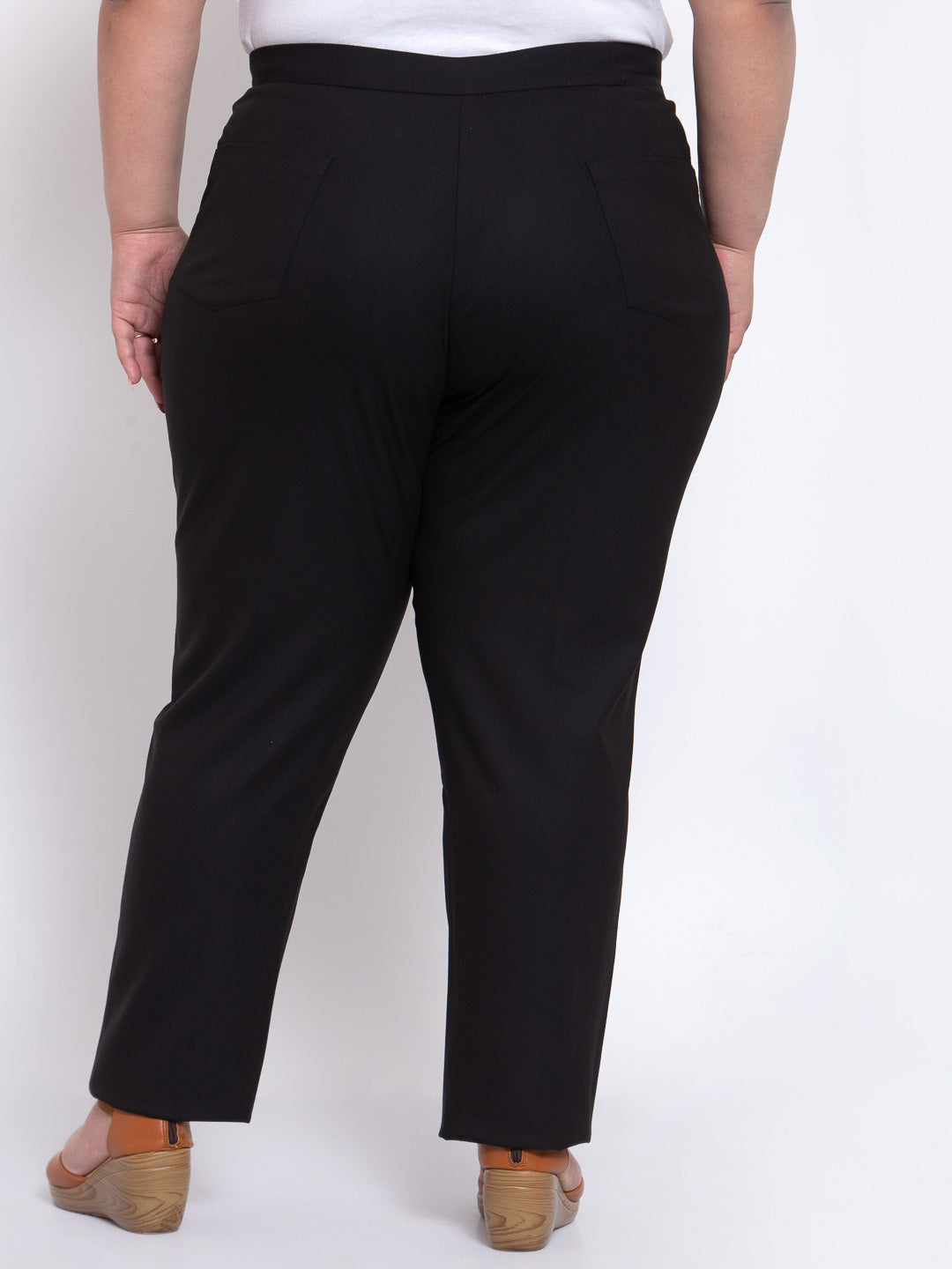 Plus Size Women Black Regular Fit Solid Cotton Formal Trousers