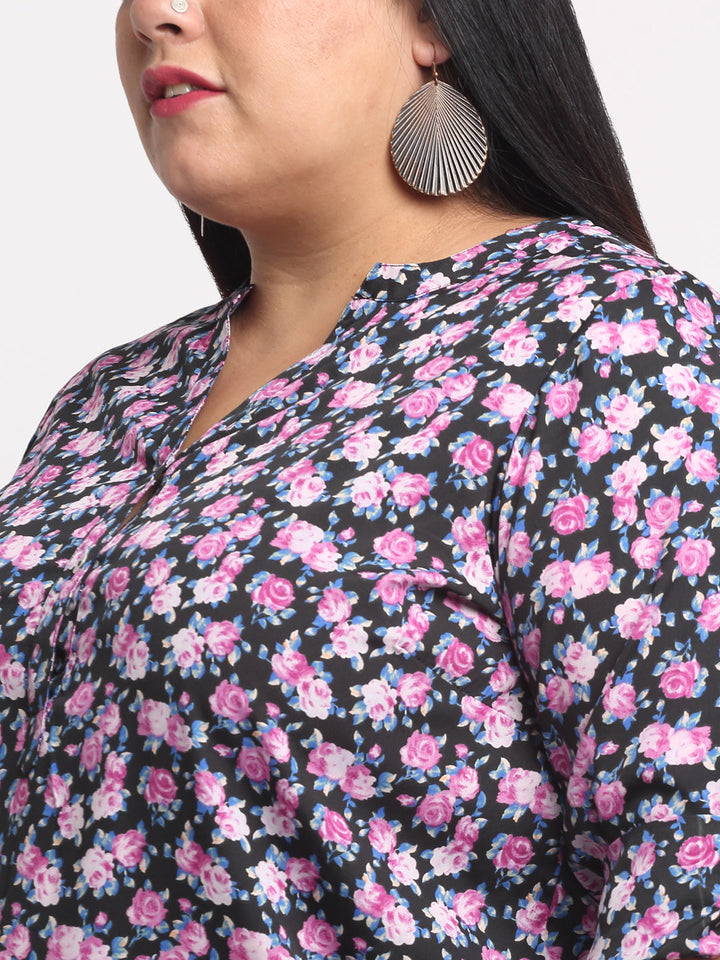 Plus Size Black  Purple Floral Print Mandarin Collar Roll-Up Sleeves Top
