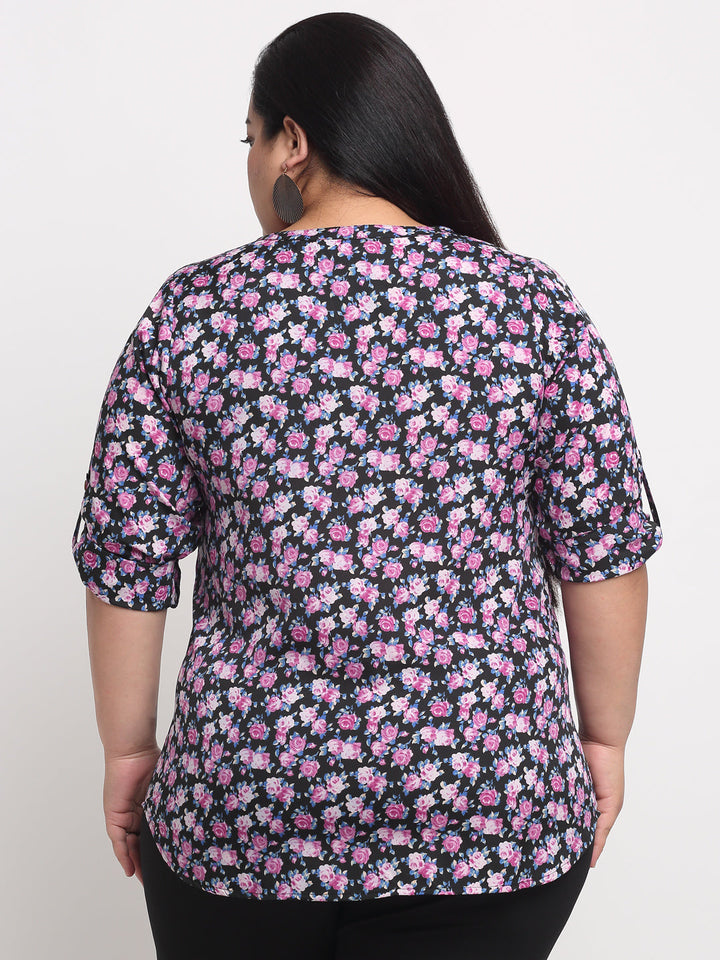 Plus Size Black  Purple Floral Print Mandarin Collar Roll-Up Sleeves Top