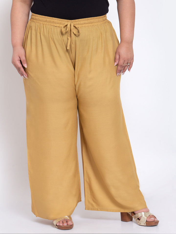 Plus Size Women Beige Solid  Wide Leg Cotton Palazzos