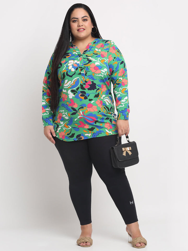 Plus Size  Green  Blue Floral Printed Mandarin Collar Top