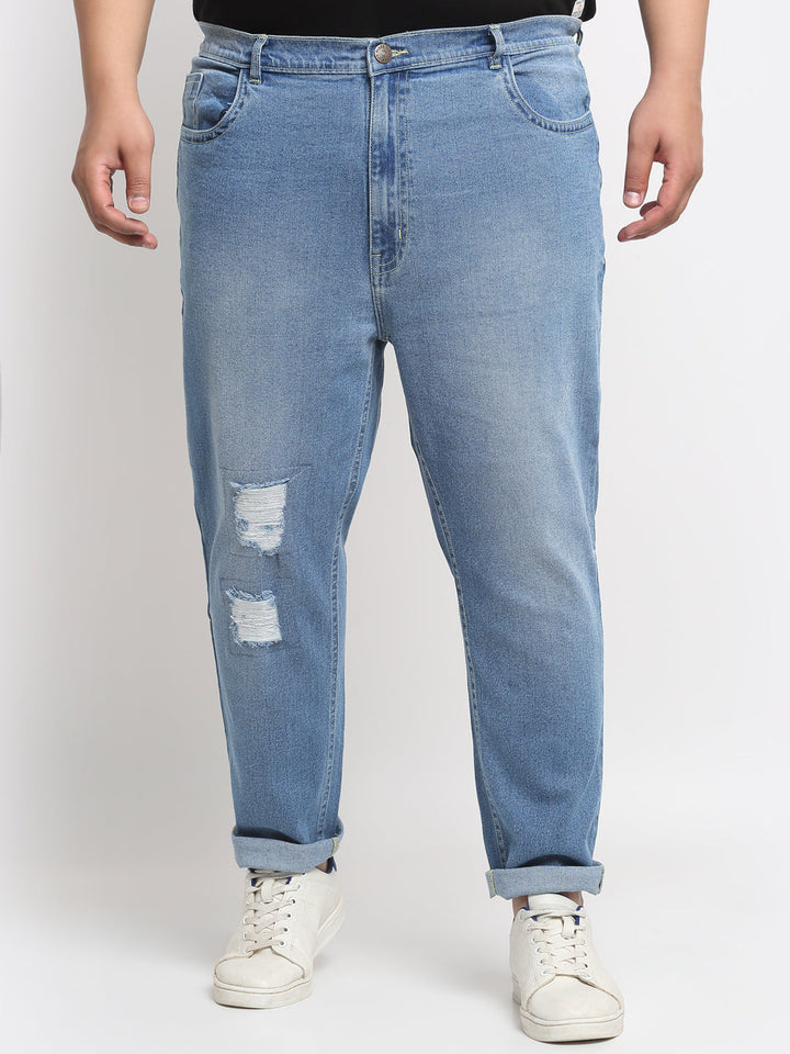 Plus Size Men Blue Comfort Mildly Distressed Light Fade Cotton Stretchable Jeans