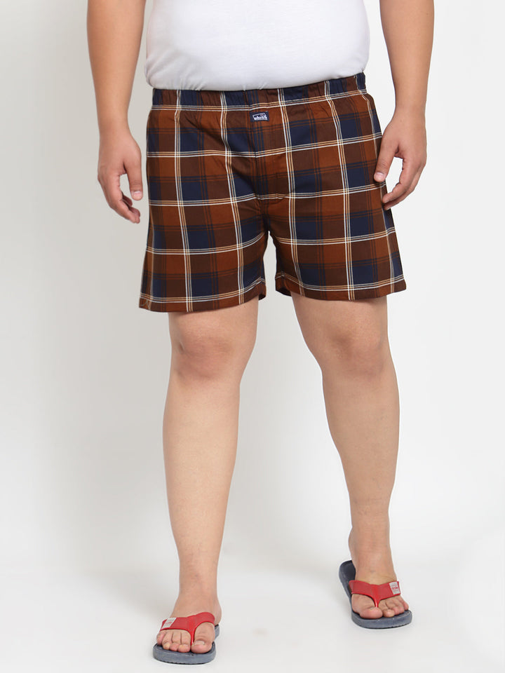 Plus Size Men Brown & Navy Blue Pure Cotton Checked Boxers MBX208E